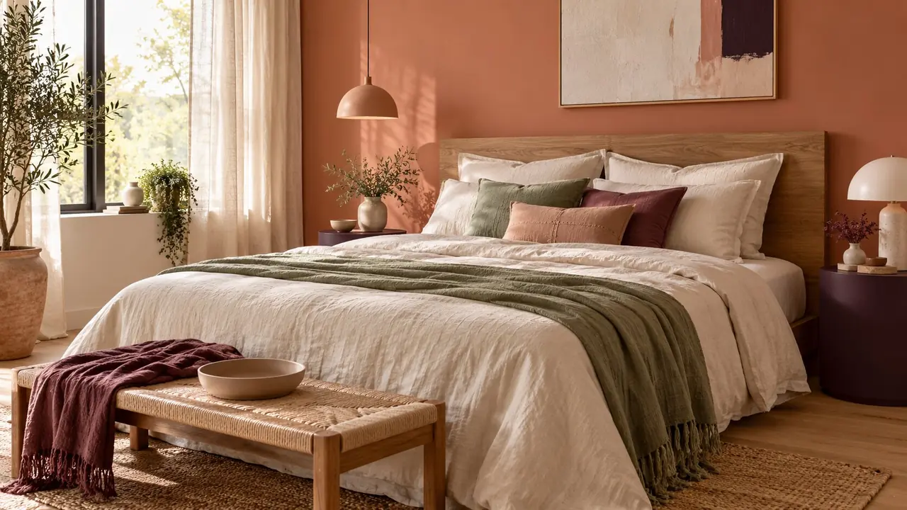 Chambre adulte avec mur terracotta, tête de lit en bois et linge en lin écru