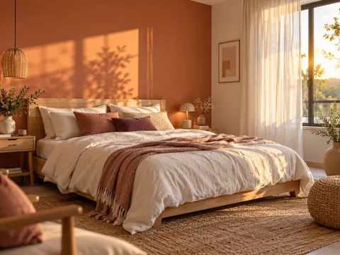 Chambre adulte avec un mur terracotta clair derrière la tête de lit et du linge blanc cassé