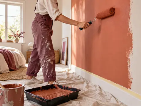 Peinture d'un mur terracotta au rouleau dans une chambre protégée par une bâche
