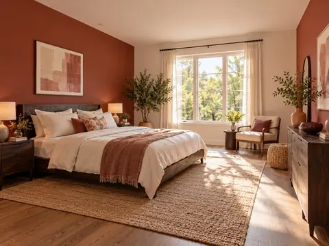 Grande chambre lumineuse avec deux murs terracotta profond et du linge écru